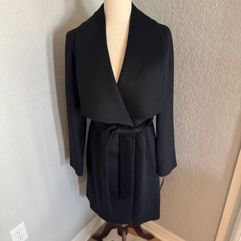 Cole Haan Signature Slick‎ Wool Blend Wrap Shawl Collar Coat, Black, Size 8, NWT
